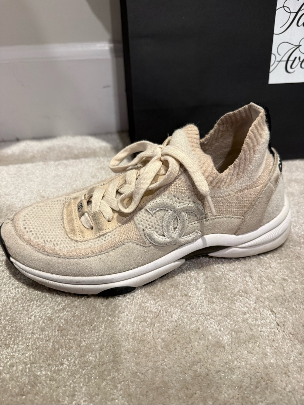 CHANEL Cream Knit CC Logo Sock Sneaker
